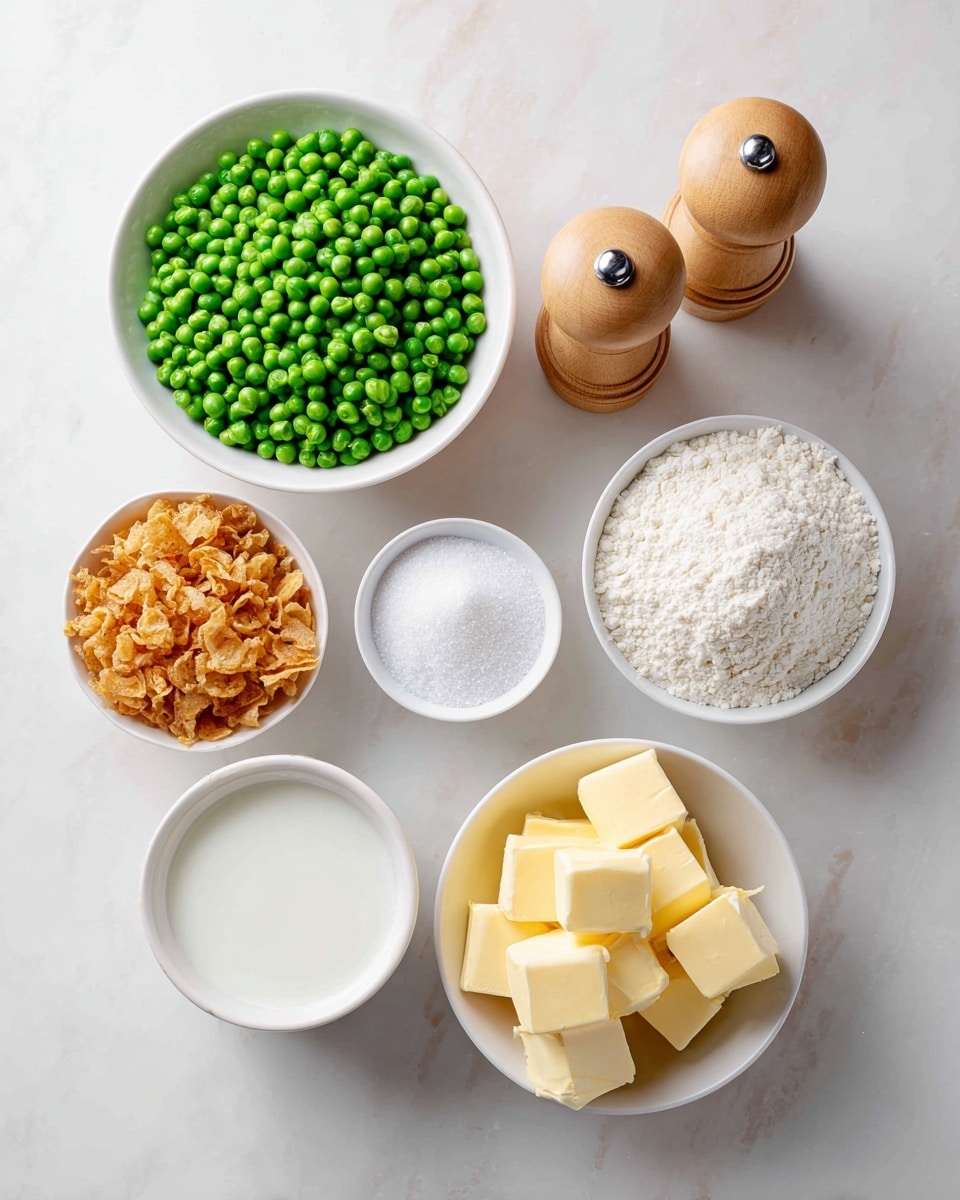 The image shows seven white bowls and containers arranged on a white marbled texture. The top left bowl is full of bright green frozen peas. To the right, two light wooden salt and pepper shakers are seen. Below the peas, a smaller bowl holds golden brown crispy fried onions. In the center, a small bowl contains white sugar. To the right of the sugar, another white bowl has white all-purpose flour. Below the flour, a bowl holds several pieces of yellow unsalted butter. At the bottom left, a white bowl is filled with white milk. All items are clear with no shadows or reflections, photo taken with an iphone --ar 4:5 --v 7