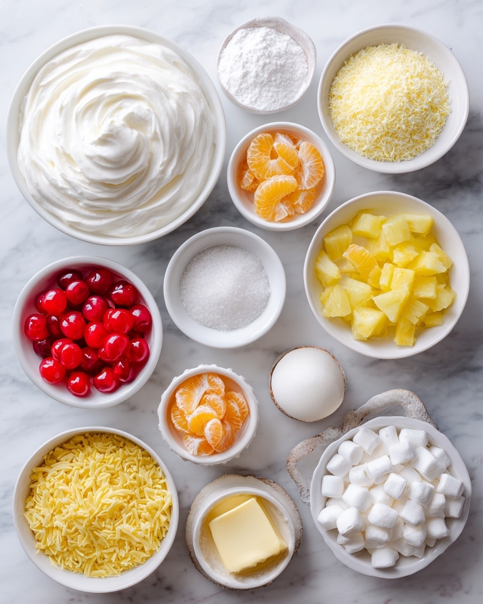 A top view of many small white bowls and a white container placed on a white marbled surface, each filled with different ingredients including a large container of smooth white cool whip, bright red maraschino cherries, fine white sugar, yellow lemon juice, white salt, white shredded coconut, yellow acini di pepe pasta, crushed yellow pineapple, clear yellow reserved pineapple juice, small all-purpose flour powder, bright orange mandarin orange segments, small white mini marshmallows, chopped yellow pineapple tidbits, two white eggs, and a small amount of pale yellow unsalted butter in its bowl photo taken with an iphone --ar 4:5 --v 7