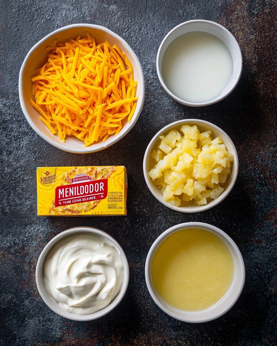 The image shows five white bowls with different ingredients placed on a dark textured surface. The top left bowl is filled with bright orange shredded cheddar cheese, showing thin, uneven strips. To the right, there is an empty white bowl labeled boiling water. Below the cheese, a bowl contains crushed pineapple, pale yellow with a chunky texture. To the right of this, there is a bright yellow box of lemon gelatin with red and black text. At the bottom, a bowl of smooth, white whipping cream sits next to another bowl filled with light yellow pineapple juice. All bowls are round and neatly arranged. Photo taken with an iphone --ar 4:5 --v 7