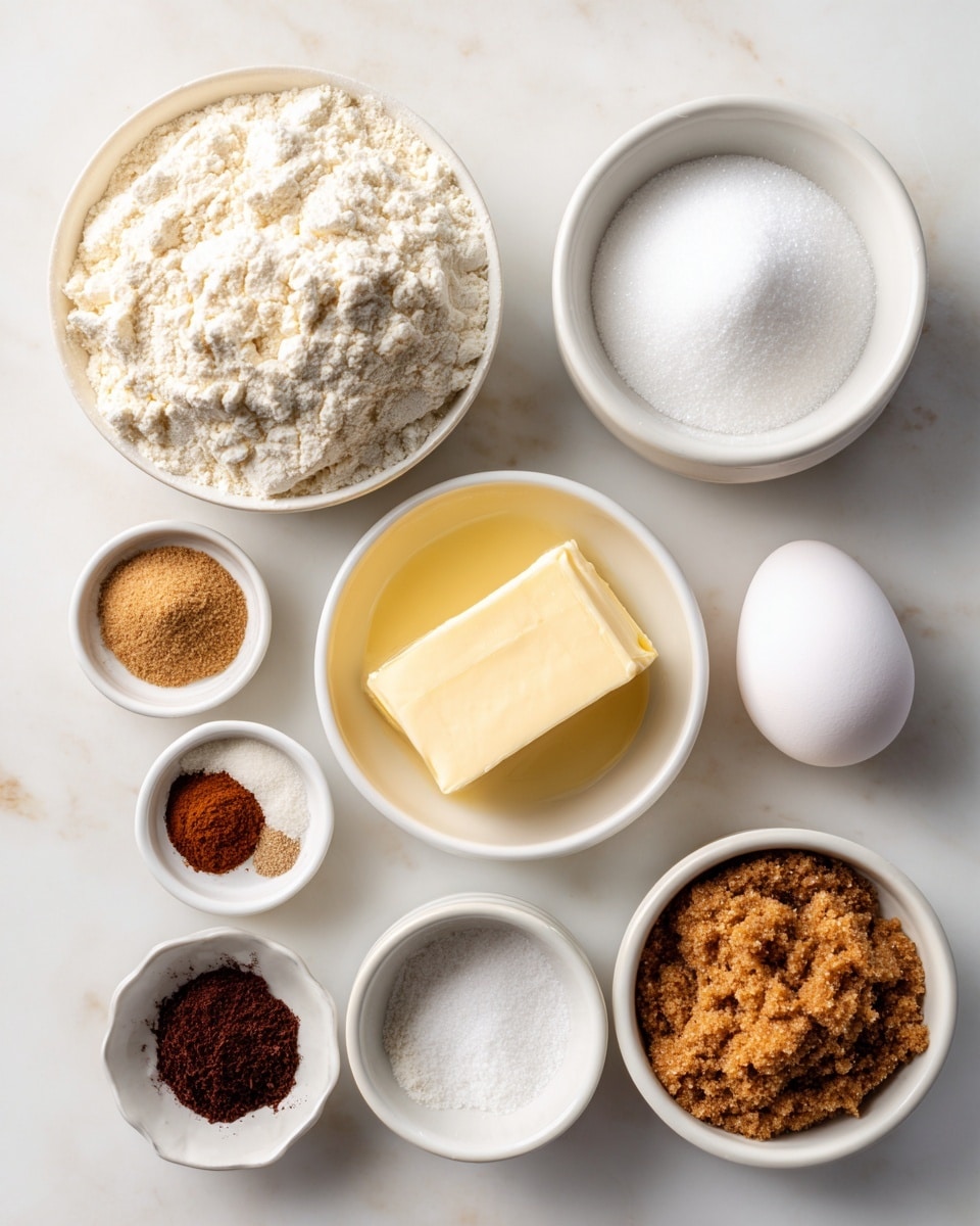 A flat lay of several small white bowls and one whole egg arranged on a white marbled surface. The largest bowl at the top left holds a heap of white all-purpose flour with a slightly crumbly texture. To the right of it is a small white bowl filled with fine white sugar. Below these, a medium white bowl contains a solid block of pale yellow unsalted butter sitting in a slight pool of melted butter. A little to the left, a small white bowl has three distinct piles of ground spices: light brown ginger, reddish-brown cinnamon, and dark brown ground cloves. Below this, another small white bowl holds a mix of white salt and baking soda powders. To the bottom left, a small white bowl is filled with thick, dark brown molasses. Near the center right, a medium white bowl is filled with clumpy, rich brown sugar. Lastly, on the bottom right side, there is a single whole white egg. All items are neatly spaced and the photo looks clean and bright, photo taken with an iphone --ar 4:5 --v 7