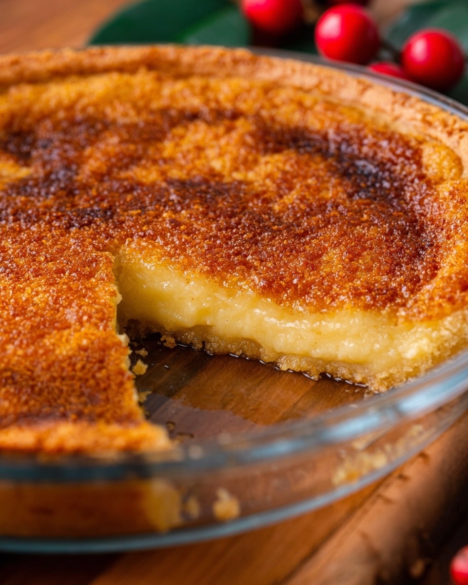 The image shows a round, golden-brown baked dish with a crunchy textured top layer. The top layer is uneven and rough, with a darker brown edge. Underneath this crust is a smooth, creamy yellow layer that looks soft and custard-like. The dish is in a clear glass pie dish resting on a wooden surface. There is one slice missing, showing the inner creamy texture clearly. Some red berries and green leaves are placed near the dish on the surface. Photo taken with an iphone --ar 4:5 --v 7