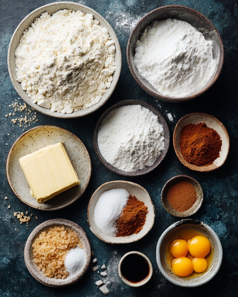 The image shows several white bowls and small bowls arranged on a dark textured surface, each filled with ingredients for baking. At the top center is a large bowl filled with white all-purpose flour with a soft, powdery texture. To the right, a medium bowl holds white powdered sugar, also powdery. Next to it is a small bowl with white baking powder, baking soda, and salt, all fine and powdery. A small bowl near the center contains brown spices, labeled cinnamon and nutmeg, with a fine, slightly grainy texture. At the bottom left, a medium bowl holds a block of pale yellow unsalted butter with a smooth surface. Nearby is a medium bowl filled with white sugar granules, and beside it a small bowl with brown sugar that has a moist, coarse texture. Another small bowl contains bright yellow egg yolks with a smooth, glossy surface. A small bowl of smooth yellow eggnog is present toward the left. Near the center bottom, a tiny bowl with dark vanilla extract is also shown. All bowls are neatly spaced on the dark background. Photo taken with an iphone --ar 4:5 --v 7