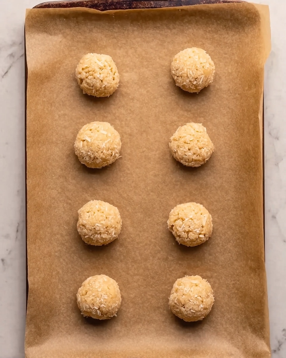 Eight round cookie dough balls are placed evenly in two vertical columns on a brown parchment paper-lined baking tray. Each dough ball is light beige in color with a slightly rough, crumbly texture showing ingredients like coconut flakes. The tray is viewed from above on a white marbled surface background. Photo taken with an iphone --ar 4:5 --v 7