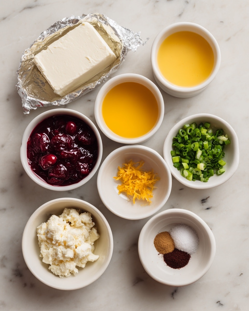 The image shows eight white dishes placed on a white marbled surface, each holding different ingredients. There is a block of cream cheese in foil at the top. Nearby are small cups of orange juice with a smooth bright yellow color, orange zest with small pieces of bright orange peel, and cranberry sauce with a thick, dark red texture. Other dishes include honey with a light golden color, finely chopped green onions with a fresh green look, and a small bowl holding a mix of cinnamon powder, dark brown in color, and salt, which is white. Each ingredient is neatly placed in its container, offering a clear view of the textures and colors. photo taken with an iphone --ar 4:5 --v 7