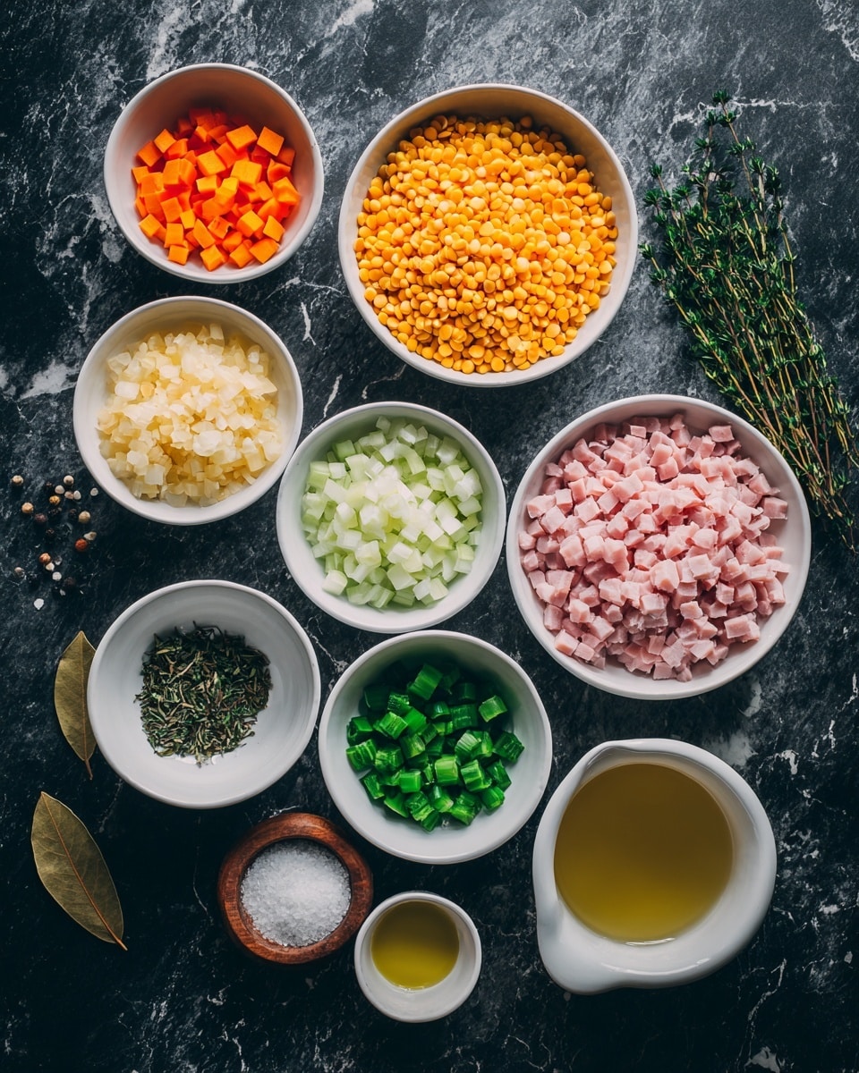 The image shows an overhead view of ingredients arranged neatly on a dark textured surface, changed to white marbled texture. There are ten white bowls with different ingredients: the top left bowl holds bright orange diced carrots, next to it a bowl with yellow split peas; below the carrots is a bowl filled with pink diced ham; below that, a bowl of finely chopped white sweet onion. In the center is a small bowl of chopped green celery. To the right of celery, a small bowl contains fresh green thyme leaves, and below it, another bowl holds bright green chopped parsley. Below the parsley, a small bowl has black pepper, and near the bottom left side, a bowl with golden yellow extra virgin olive oil is placed. In the middle below the celery, small separate items include a single brown bay leaf, a small wooden container of salt, and a small white bowl with minced light yellow garlic. A larger bowl containing light golden chicken broth is positioned right of the center. The overall setup is clean and organized. Photo taken with an iphone --ar 4:5 --v 7