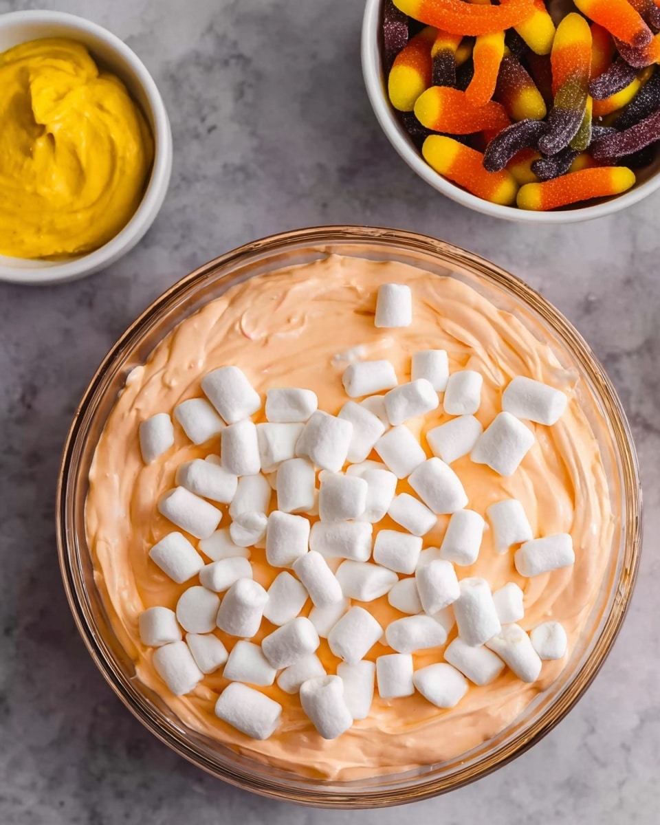 A clear glass bowl filled with a thick, light orange creamy mixture topped with a generous layer of small white marshmallows, the marshmallows scattered unevenly on the surface. To the top right of the bowl, a white bowl contains a mix of colorful gummy worms in shades of yellow, orange, and dark purple. To the top left, another white bowl holds a dollop of bright yellow mustard. All items rest on a white marbled surface. Photo taken with an iphone --ar 4:5 --v 7