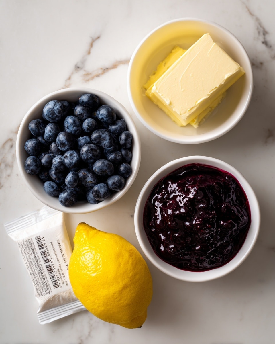 The image shows five ingredients placed on a white marbled surface. There are three small white bowls arranged in a rough triangle, each holding a different ingredient: one bowl has a pale yellow block of salted butter, another is filled with fresh dark blue blueberries, and the last contains deep purple-blue blueberry pie filling with a glossy texture. Below these bowls, a fresh bright yellow lemon sits on the surface, and next to it, a sealed white packet labeled lemon cake mix rests flat. The setup is simple and clean, with each element distinctly visible. photo taken with an iphone --ar 4:5 --v 7