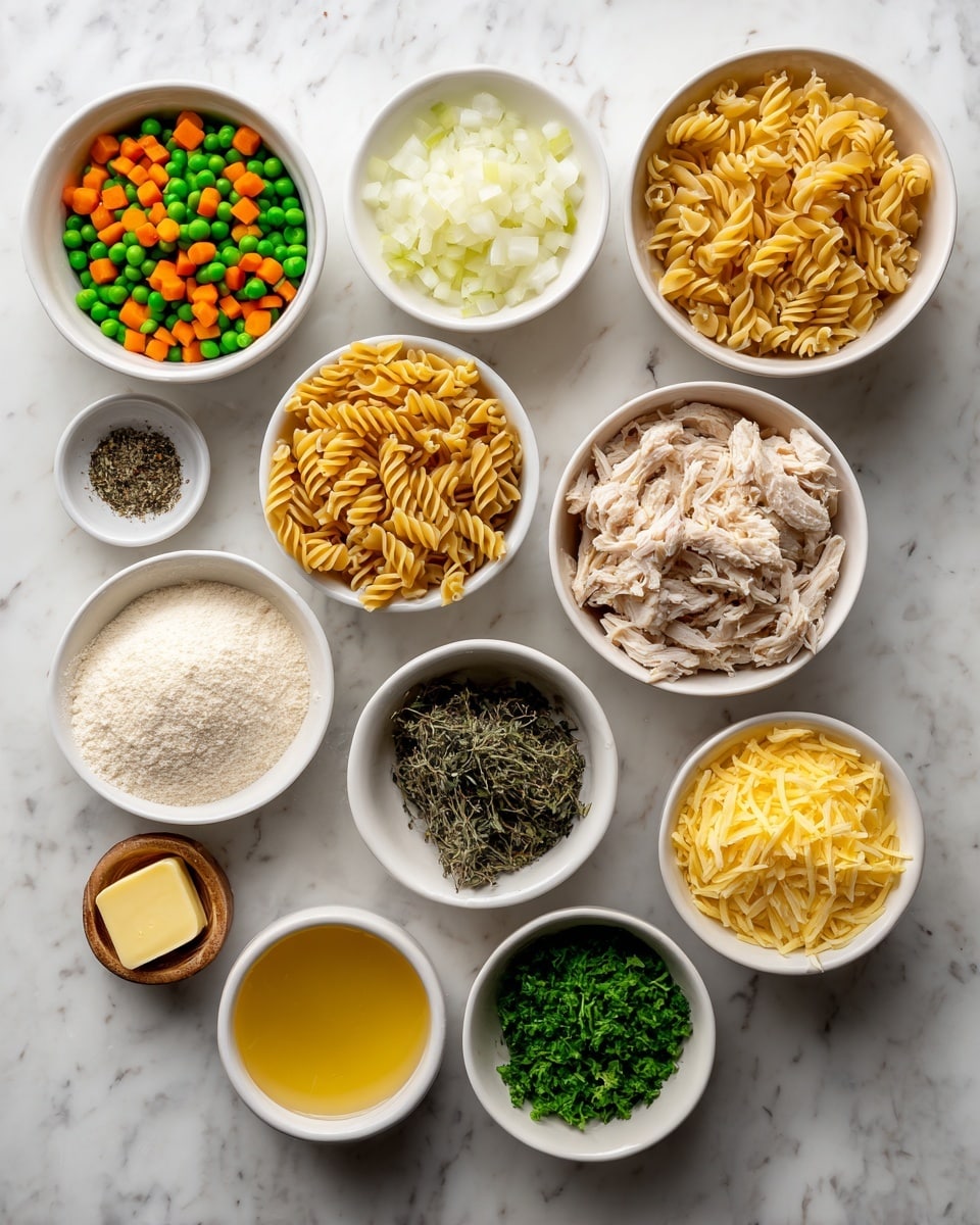The image shows twelve small white bowls arranged on a white marbled surface, each filled with a different ingredient. Starting from the top left, there is a bowl with frozen peas and carrots, showing bright green peas and orange carrot cubes. Next to it is a bowl with chopped sweet onion, small white pieces. Beside that is a bowl of white milk. Below, a small bowl contains a yellow piece of unsalted butter. In the center is a bowl with dark dried thyme leaves. To the right of thyme is a bowl with shredded cooked chicken in a light brown color. Below the butter bowl is a bowl with uncooked rotini pasta, showing its twisted, brown shape. Next to it is a bowl with pale yellow grated parmesan cheese. To the right is bright green chopped parsley. Below the parsley is a bowl with yellow minced garlic. To the left of the garlic is a bowl of white flour with a fine texture. Finally, at the bottom right is a bowl with golden chicken broth. In the bottom left corner, a small bowl contains salt and black pepper. The photo taken with an iphone --ar 4:5 --v 7