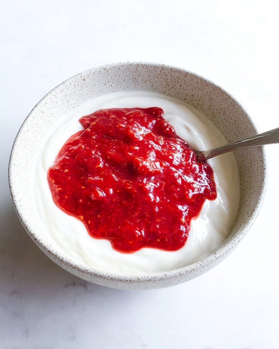 The image shows a white speckled bowl filled with two layers: a thick, smooth white layer that covers the bottom and sides, topped with a chunky, bright red sauce that spreads unevenly over the middle. A silver spoon rests partly inside the bowl on the right side, touching both layers. The bowl sits on a white marbled surface with soft, even lighting. photo taken with an iphone --ar 4:5 --v 7