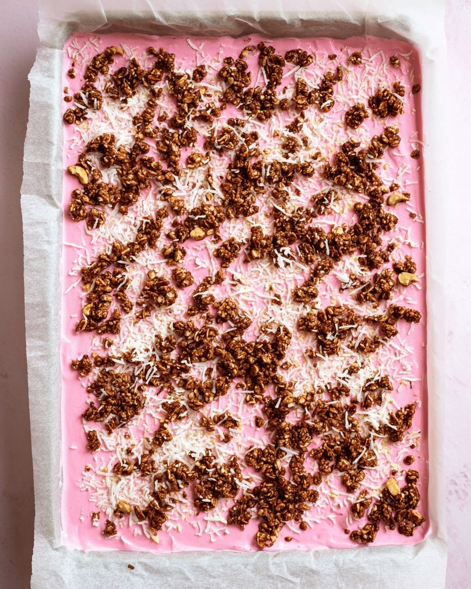 A rectangular sheet lined with white baking paper holds a pink frozen yogurt bark layer with a smooth, creamy texture. The top half of the bark is sprinkled with clusters of dark brown granola, adding a crunchy texture, while the bottom portion is decorated with white shredded coconut and small pieces of chopped nuts scattered unevenly. The white marbled surface beneath the sheet subtly contrasts with the vibrant pink and earthy toppings. photo taken with an iphone --ar 4:5 --v 7
