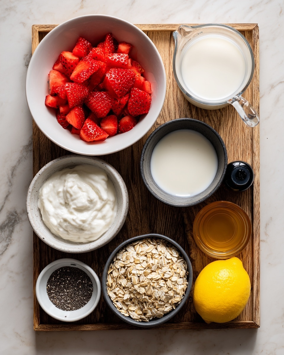 The image shows a top view of several ingredients arranged on a wooden tray with a white marbled surface underneath. There is a large white bowl filled with bright red, chopped strawberries at the top left. To the right of this bowl, a clear glass measuring cup holds white milk. Below the milk, there is a round container of plain Greek low-fat yogurt with a light blue label. At the bottom left, a smaller white bowl contains tiny black chia seeds. Below and to the right, a dark bowl is filled with light tan rolled oats. Next to the oats, a small black bottle of vanilla extract sits upright. To the right of this, there is a whole yellow lemon. Lastly, at the bottom right, a clear plastic bottle filled with golden organic honey lies on the tray. photo taken with an iphone --ar 4:5 --v 7