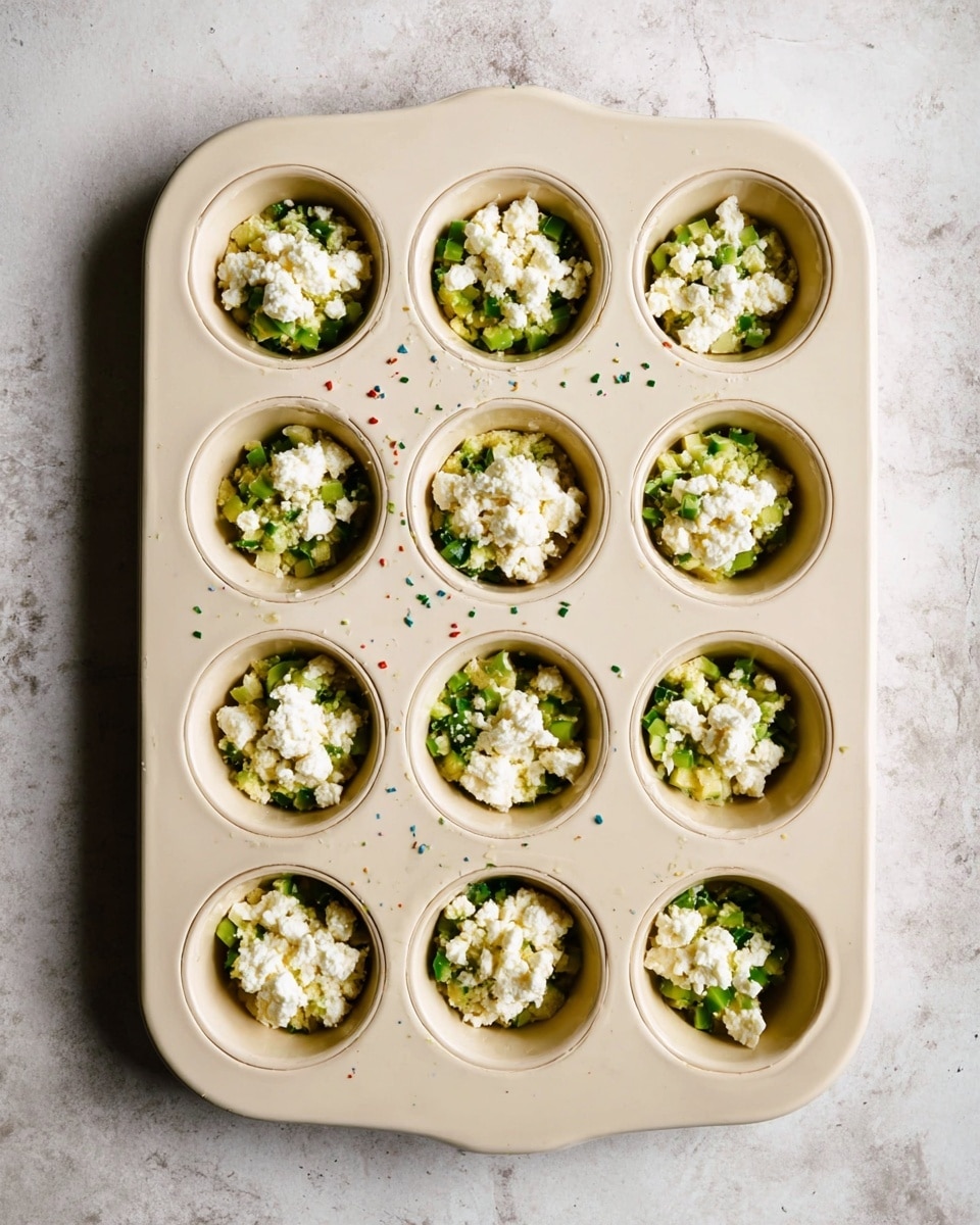 A cream-colored muffin pan with twelve round cups each filled with a layer of chopped green vegetables at the bottom, topped with crumbled white cheese scattered unevenly over the vegetables. The pan rests on a white marbled surface, and the texture of the cheese is soft and crumbly while the vegetables appear fresh and crisp. Small colorful speckles are scattered inside the pan around the cups, adding a touch of color. photo taken with an iphone --ar 4:5 --v 7