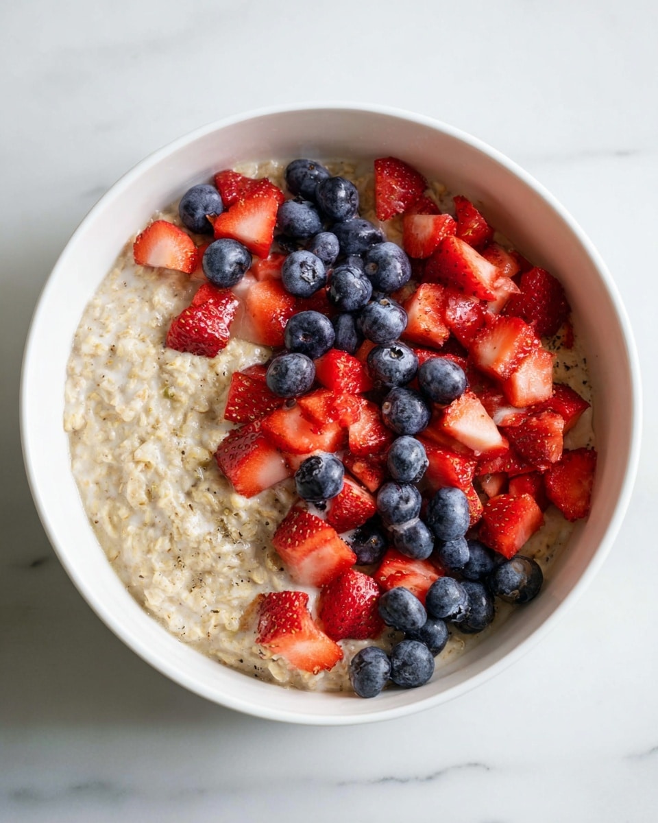 A white bowl filled with a thick, creamy oatmeal base that has a light beige color and a slightly chunky texture. On top of the oatmeal, there are two main layers of fresh fruit: on the left side, chopped strawberries in a bright red, juicy color, and on the right side, whole blueberries in a deep blue-purple shade. The fruits are scattered over the oatmeal but keep distinct sections. The bowl sits on a white marbled surface, showing a calm and clean presentation. photo taken with an iphone --ar 4:5 --v 7