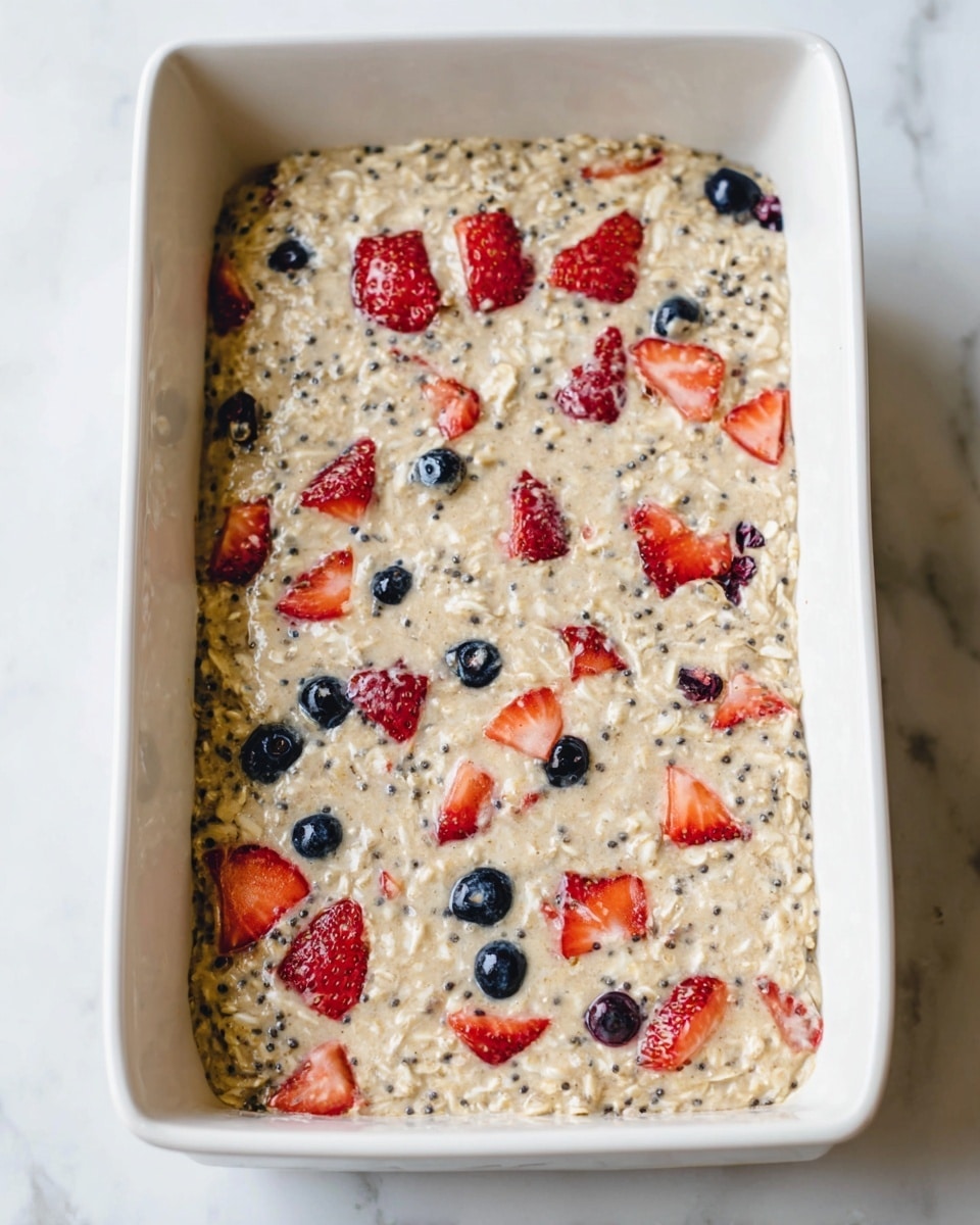 A white rectangular baking dish filled with a single thick layer of oatmeal mixture. The mixture is creamy beige with visible small black chia seeds and pieces of red strawberries and dark blue blueberries spread throughout. The surface looks slightly uneven, showing the texture of oats and fruit bits. The dish is placed on a white marbled surface. photo taken with an iphone --ar 4:5 --v 7
