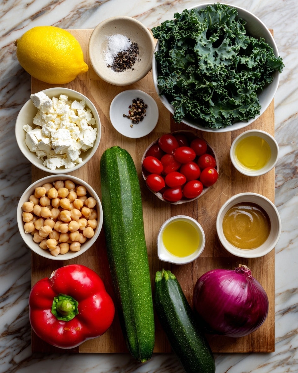 The image shows fresh ingredients laid out on a wooden surface with a white marbled texture background. There are eleven main items: a whole lemon with bright yellow skin, a small white bowl with salt and black pepper, a white bowl full of curly dark green kale leaves, a white packet of feta cheese, a long green cucumber, a white bowl filled with small red cherry tomatoes, a can of chickpeas, a small cup of golden olive oil, a small white bowl with honey, a small white bowl with light brown Dijon mustard, a whole red onion with deep purple skin, a red bell pepper with a green stem, and a dark green zucchini. Each item is spaced out evenly across the frame, showing a variety of colors and textures. photo taken with an iphone --ar 4:5 --v 7