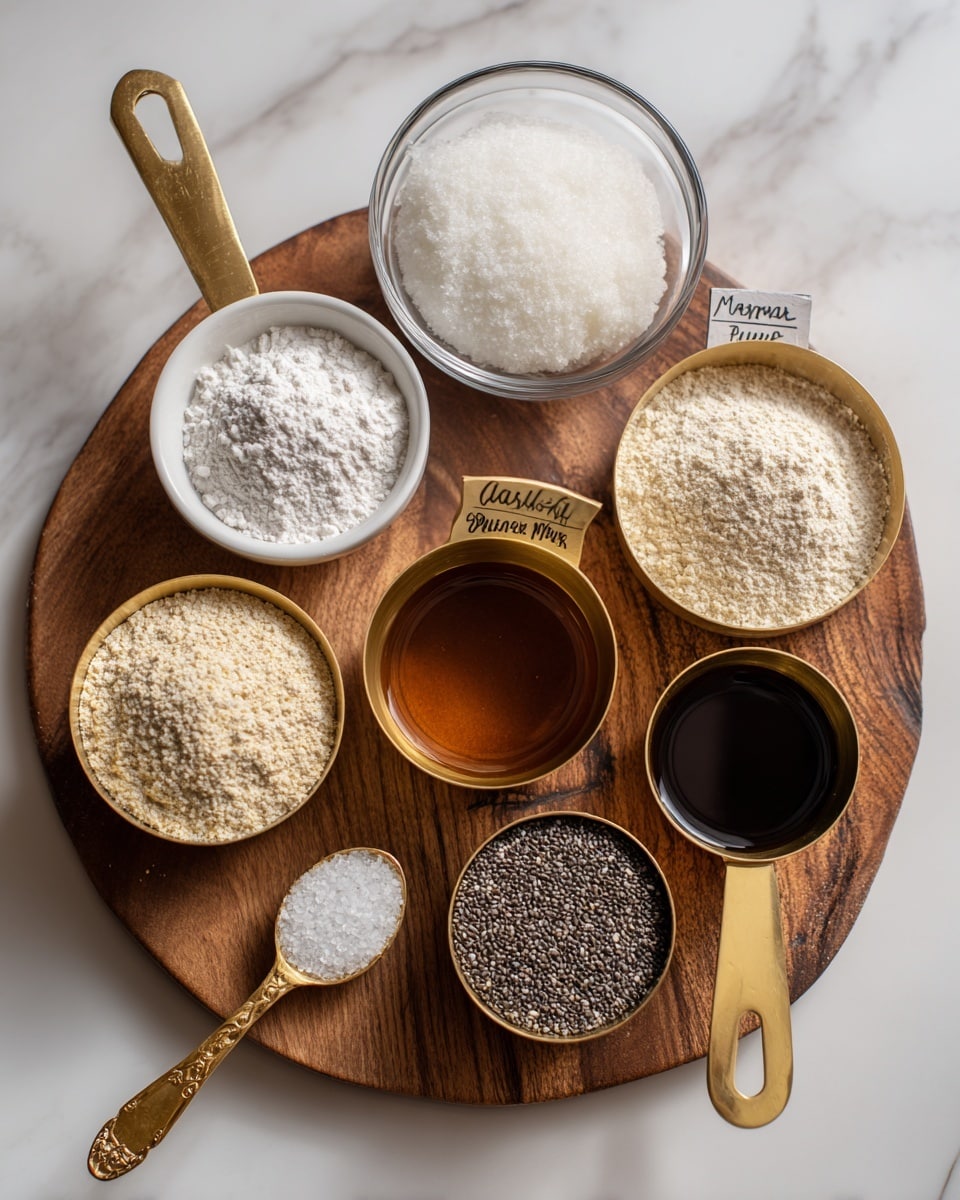 The image shows seven small containers with different baking ingredients neatly arranged on a rustic wooden surface. At the center is a metal measuring cup filled with light beige almond flour. Above it, a small clear glass bowl holds a white solid chunk of coconut oil. To the left of the almond flour, a white round bowl contains fine white tapioca flour. To the right, a metal measuring cup is filled with light tan oat flour. Below the almond flour, on the left is a small metal cup with amber-colored maple syrup and a tiny spoon with white salt. To the right, a metal spoon holds dark brown vanilla extract and another metal cup contains black and white chia seeds. Each ingredient has a printed white label in front of its container on the wood. photo taken with an iphone --ar 4:5 --v 7