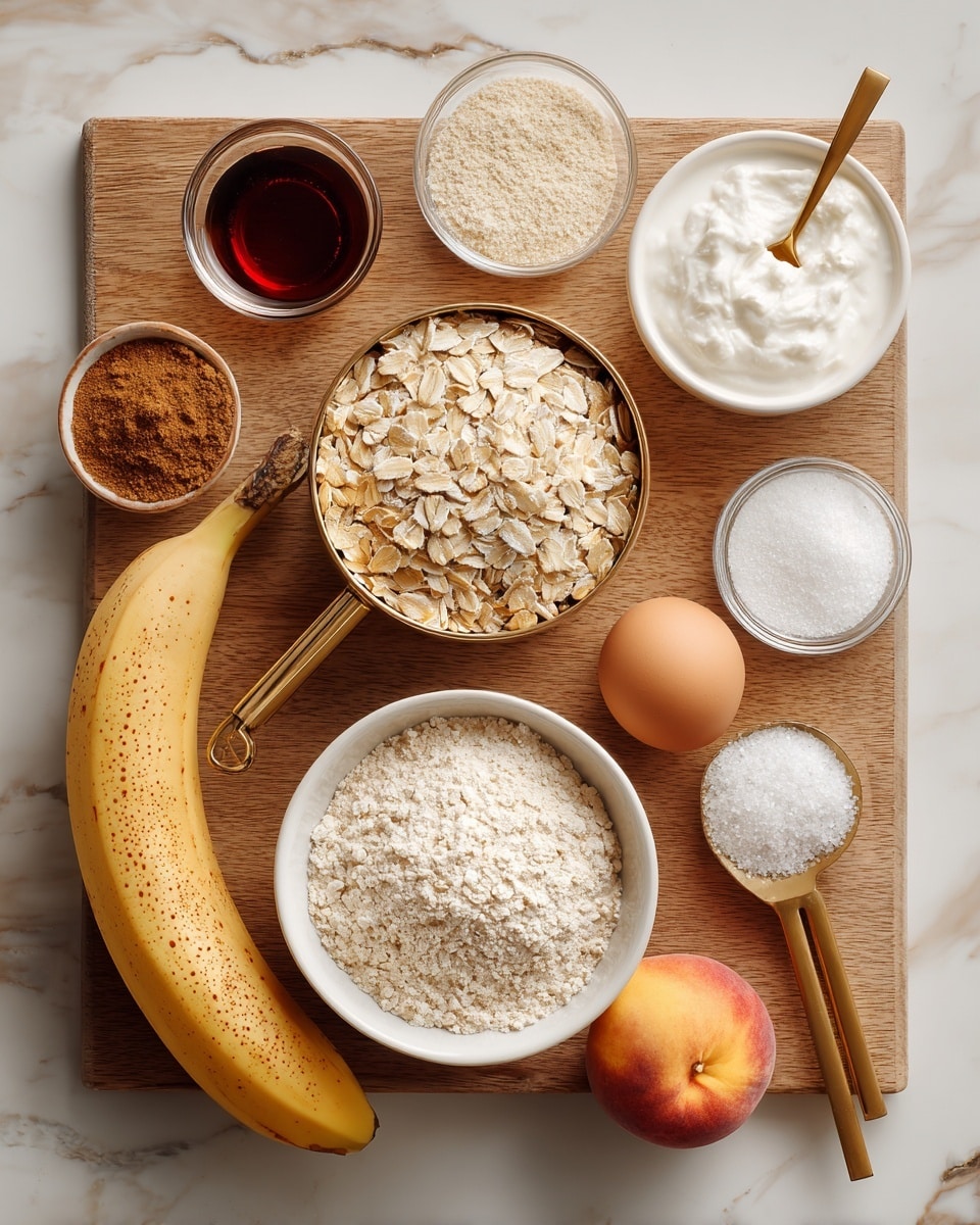A top-down view shows different ingredients neatly placed on a wooden surface with a white marbled texture. At the center, there is a gold measuring cup filled with light beige rolled oats. Below it, a white round bowl contains a mix of brown sugar and cinnamon, with fine brown powder and granules. To the right of the oats, an egg with a smooth brown shell lies next to a gold measuring spoon holding white baking soda. Above the oats, a small clear glass bowl holds dark amber vanilla extract, and to the left, a white small bowl has thick amber maple syrup. Below the egg, a gold measuring cup contains white cottage cheese. On the bottom left, a yellow banana with dark spots curves gently, and next to it is a peach with a smooth, reddish-yellow skin. Below the oats towards the center left, a gold measuring cup has white vanilla protein powder. A small gold spoon with white salt sits to the right of the vanilla protein powder, and the whole scene is set on a wooden board with a clear texture, changed to have a white marbled background. photo taken with an iphone --ar 4:5 --v 7