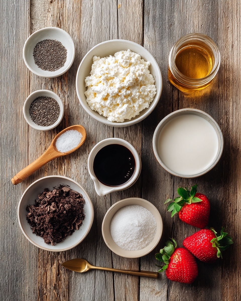 The image shows a wooden surface with various ingredients arranged neatly and labeled. At the center, there is a white container of cottage cheese with a blue lid. Above it is a small glass jar filled with golden vanilla extract. To the left, a small white bowl holds tiny black chia seeds, and below it is a small white cup filled with dark maple syrup, held by a wooden-handled spoon. Next to the syrup, a red rectangular box of semi-sweet chocolate lies flat. To the right of the cottage cheese container, there is a small white bowl of milk and a tiny gold spoon with white salt. Below the salt, a small white bowl contains dark brown cocoa powder. In the bottom right corner, three bright red strawberries with green leaves are placed on the wooden surface. The scene is well-lit and arranged symmetrically, photo taken with an iphone --ar 4:5 --v 7