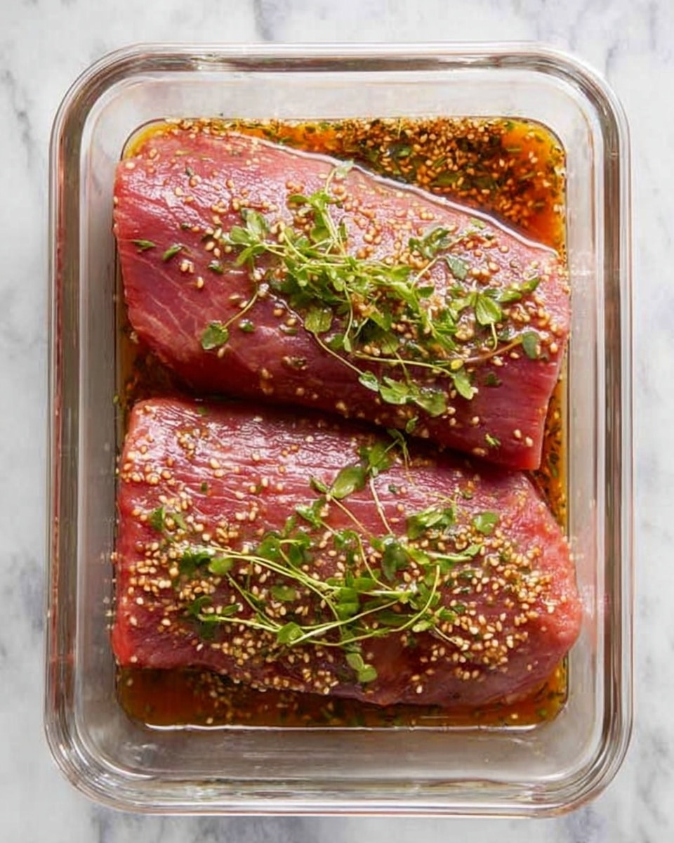 The image shows two raw pieces of red meat placed inside a clear glass rectangular container, resting on a white marbled surface. Both pieces are covered with a mix of small grains that look like mustard seeds, fresh green herbs, and a reddish-brown sauce that spreads around and under the meat. The meat texture is smooth with visible muscle lines, and the sauce gives a slight shiny look to the surface. The container edges and transparent glass shine softly with light reflecting from above, capturing the fresh look of the ingredients photo taken with an iphone --ar 4:5 --v 7