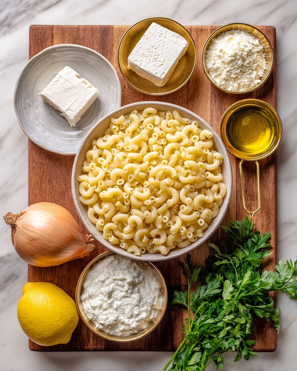 A photo showing ingredients arranged on a wooden surface, featuring a bag of protein pasta in the center with a black and white design. Above the pasta, a small white bowl holds a square of cream cheese, while to the right, a gold measuring cup is filled with grated parmesan cheese. To the left, a gold measuring cup contains minced garlic, and below it, another gold measuring cup has thick white Greek yogurt. On the bottom left, a bright yellow lemon sits near a small shallot, and to the right, fresh green parsley lies next to a gold measuring cup of olive oil. The background is white marbled texture. Photo taken with an iphone --ar 4:5 --v 7