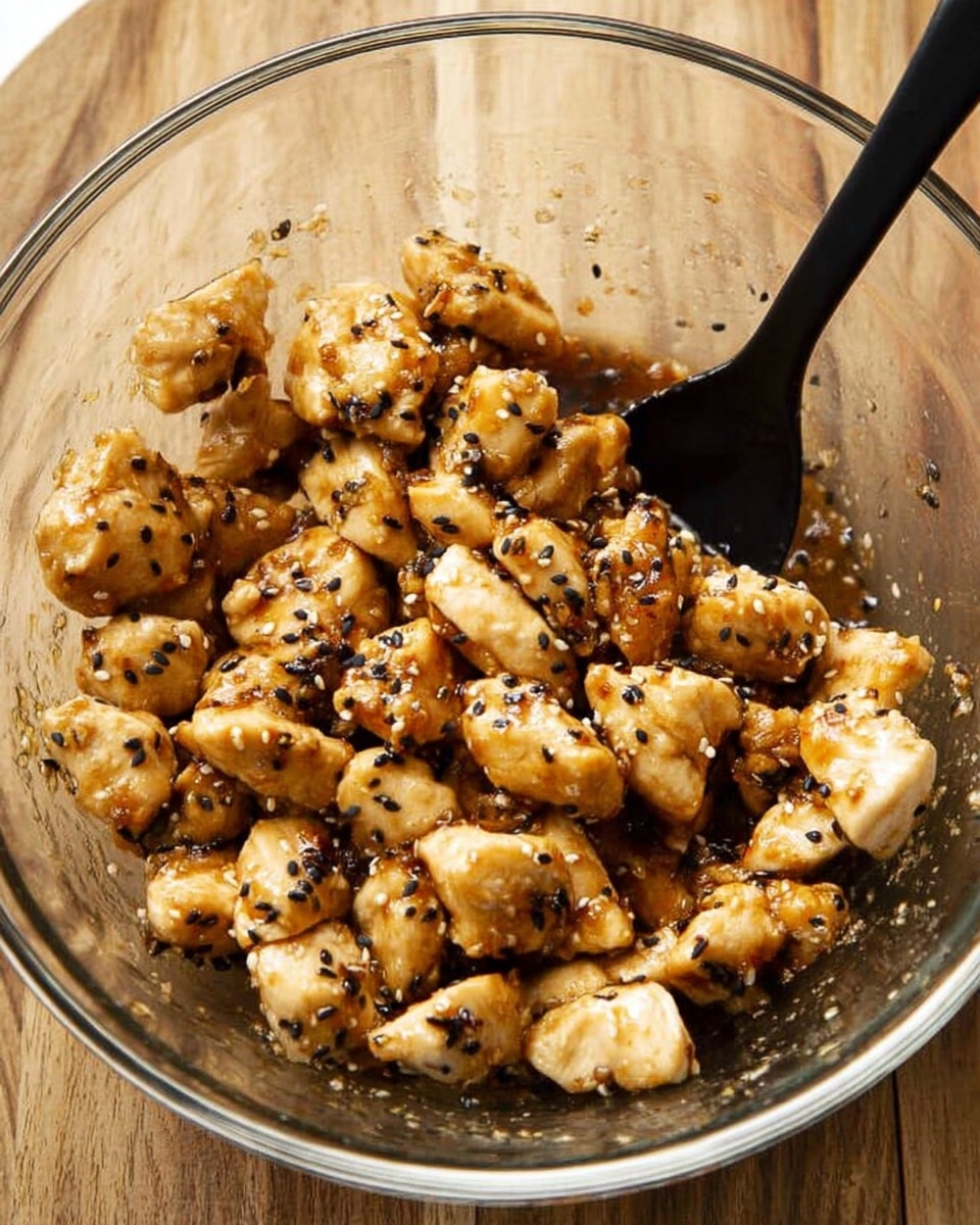 The image shows a clear glass bowl filled with small, irregular pieces of cooked chicken that are golden brown with some darker caramelized spots, sprinkled with black sesame seeds. A black spoon is placed inside the bowl, partially stirring the chicken. The bowl is sitting on a wooden surface with a natural texture. The chicken pieces look tender and slightly glistening from a sauce or seasoning. photo taken with an iphone --ar 4:5 --v 7