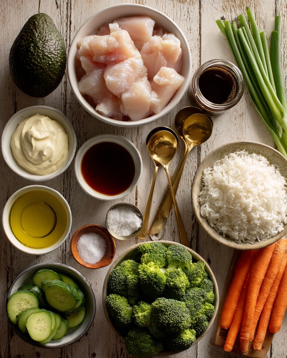 A white bowl in the center holds raw light pink pieces of chicken with a smooth texture. Above the bowl sits a whole dark avocado with rough skin. To the right are fresh green scallions with long white bases and a small jar of dark brown tamari sauce. Two golden spoons with salt and pepper are beside the jar. Below is a golden spoon of light brown rice vinegar. On the left, a small white bowl contains creamy white yogurt, light yellow mayo, and red ketchup side by side. Below the bowl is a small cup of golden olive oil, a tiny metal scoop of minced garlic, and another with white tapioca starch. There is a small cup of clear honey below. At the bottom, a bag of fresh green broccoli florets with some visible water droplets is placed next to a clear plastic package of white rice. On the bottom right side are fresh bright orange carrots and a medium-dark green cucumber. Everything is placed on a wooden table with a white marbled texture in the background. Photo taken with an iphone --ar 4:5 --v 7