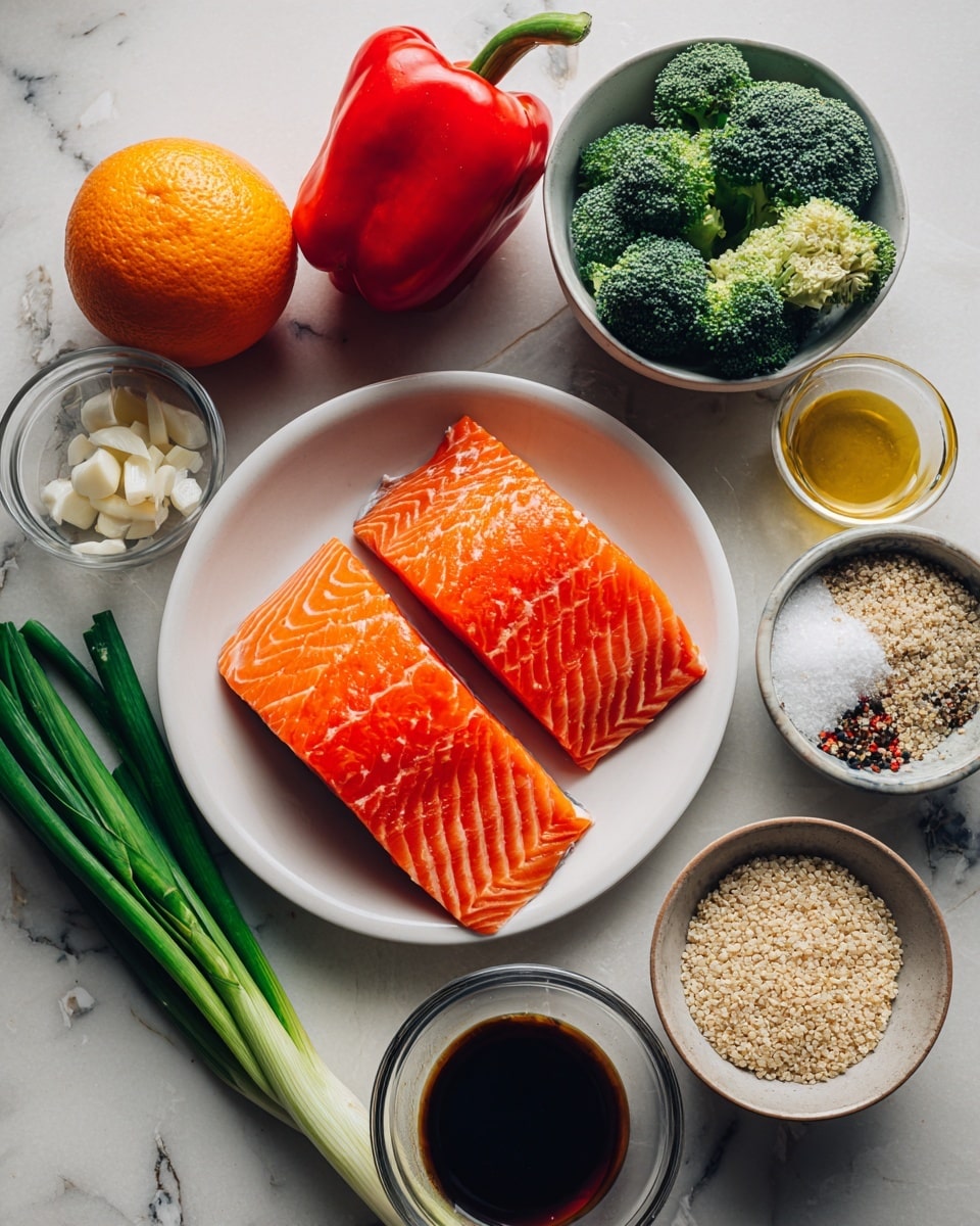 The image shows a flat lay of various fresh ingredients arranged neatly on a white marbled surface. In the center, there is a white bowl holding two thick, bright orange salmon fillets with visible striations. Around the bowl, ingredients are placed evenly spaced: a whole orange with a smooth peel, a red bell pepper with glossy skin, a small white bowl filled with fresh green broccoli florets, a peeled brown onion, a white bowl containing minced garlic cloves, a measuring cup with dark soy tamari sauce, a glass cup with light yellow sesame oil, a small glass jar with pale minced ginger, a ceramic bowl with mixed salt, black pepper, and white cornstarch, a green package of organic quinoa, and three green onions with white bulbs and long green stalks. The lighting is bright and natural, highlighting the colors and textures of each ingredient. Photo taken with an iphone --ar 4:5 --v 7