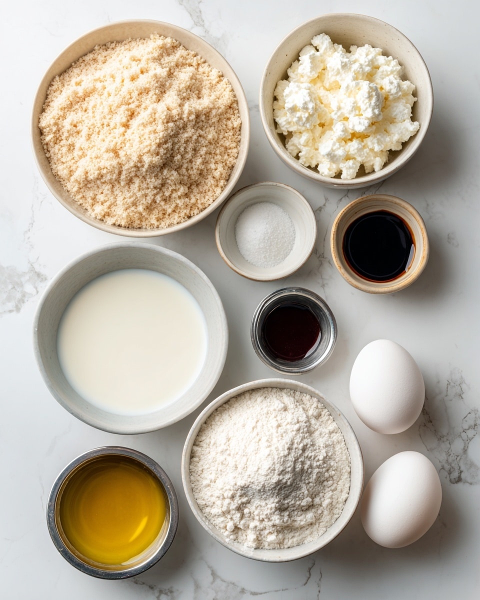 The image shows eight ingredients for cooking, all placed on a white marbled surface. At the top center, there is a large clear bowl filled with light beige almond flour. To its right, a clear bowl contains white cottage cheese with a lumpy texture. Below the almond flour, there is a smaller clear bowl filled with white milk. Next to it on the right, there is a clear bowl with white gluten-free flour that has a soft crumbly texture. Below these bowls, three small metal cups hold different liquids and powders: one with light golden olive oil, another with dark brown maple syrup, and the last with white baking powder. Two white eggs are placed between the gluten-free flour and the baking powder cups. The layout is neat, simple, and brightly lit, showing the natural colors and textures clearly. Photo taken with an iphone --ar 4:5 --v 7