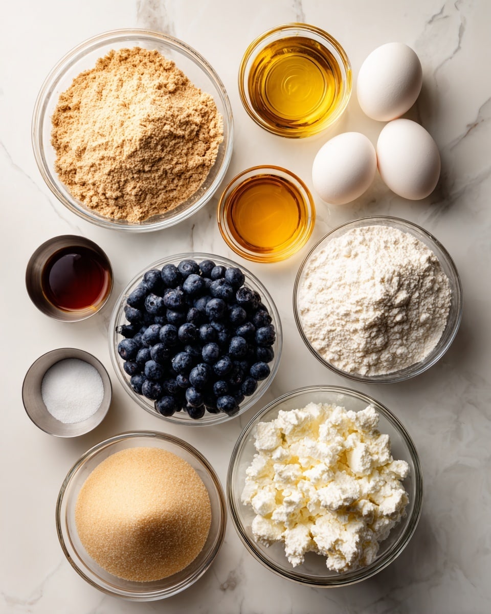 The image shows nine clear glass dishes and containers arranged on a white marbled surface, each holding different ingredients. Starting from the top left, there is a bowl filled with light brown oat flour, next to it on the right is a small glass bottle of light yellow olive oil. Below the oat flour, a bowl holds white cottage cheese with a lumpy texture, and on the right side of that, another bowl contains white gluten-free flour with a powdery texture. Below these, in the center of the image, is a clear plastic container full of dark blue, round blueberries. On the right side of the blueberries is a bowl of pale cream-colored cane sugar, and below that is a small bowl of white salt crystals. To the bottom left, a small metal cup contains dark brown vanilla extract, beside it is a small bowl with white baking powder, and near these are two white eggs placed next to each other. Each ingredient is labeled clearly with black text on white rectangular labels. photo taken with an iphone --ar 4:5 --v 7
