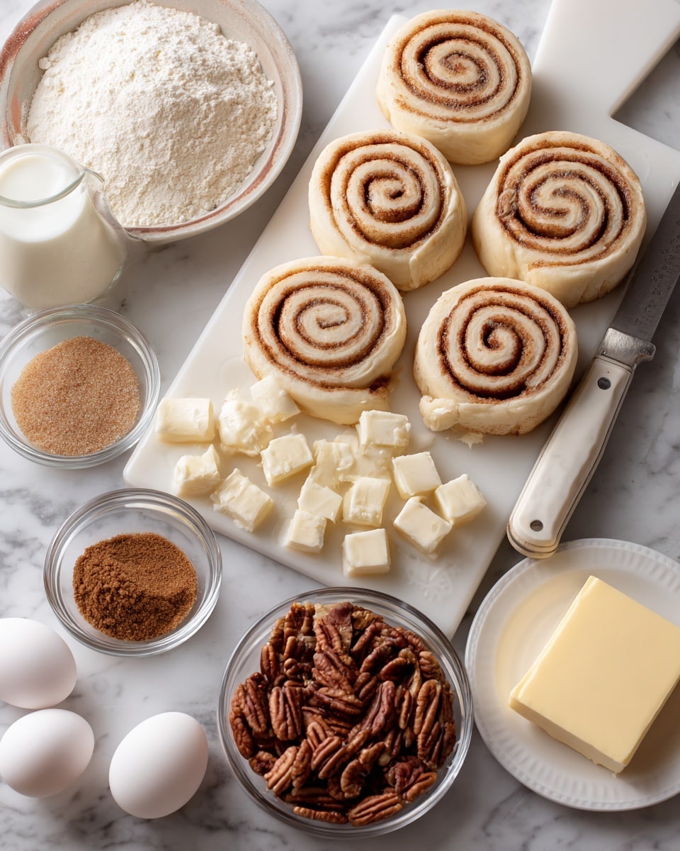 The image shows a white cutting board with several cinnamon rolls in two forms: whole round rolls with visible tight spirals of cinnamon and dough on the top side, and chopped smaller pieces piled below them in a mix of cream and cinnamon brown colors. A knife with a white handle rests on the right side of the board. Surrounding the board on a white marbled texture surface are separate small containers and items: a clear bowl filled with light brown chopped pecans at the bottom center, a small white bowl with finely ground cinnamon to the left, a glass bowl with light brown packed brown sugar above it, a small plate holding a square of yellow butter to the right, a small glass cup filled with creamy white milk next to it, a black bottle of vanilla extract below the eggs, and a carton with four white eggs arranged in a grid near the cinnamon. Photo taken with an iphone --ar 4:5 --v 7