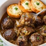 French Onion Meatballs with Toasted Baguette and Melted Cheese Recipe