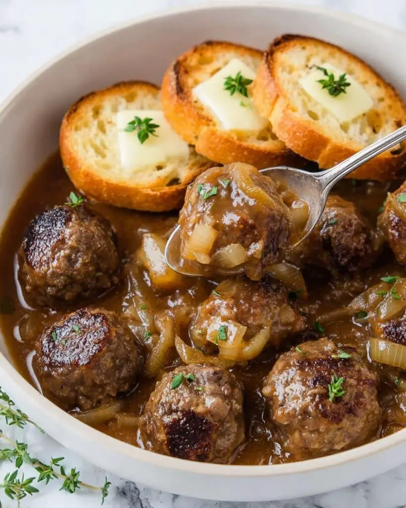 French Onion Meatballs with Toasted Baguette and Melted Cheese Recipe