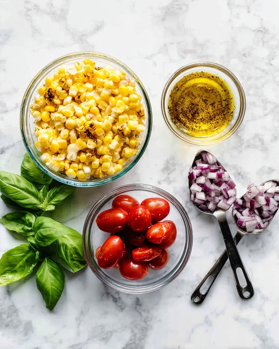A top-down view of four small clear glass bowls and two measuring spoons arranged on a white marbled surface. In the large bowl on the left, there is bright yellow cooked corn with some darker grill marks. The small black measuring spoon below it holds shiny halved red cherry tomatoes, showing their juicy interiors. The silver measuring spoon to the right contains diced purple-red onions with a mix of white pieces. Above it, a small clear glass bowl is filled with golden yellow oil, speckled with black pepper or seasoning. Fresh, vibrant green basil leaves with smooth texture lie between the bowls adding a fresh touch. Photo taken with an iphone --ar 4:5 --v 7