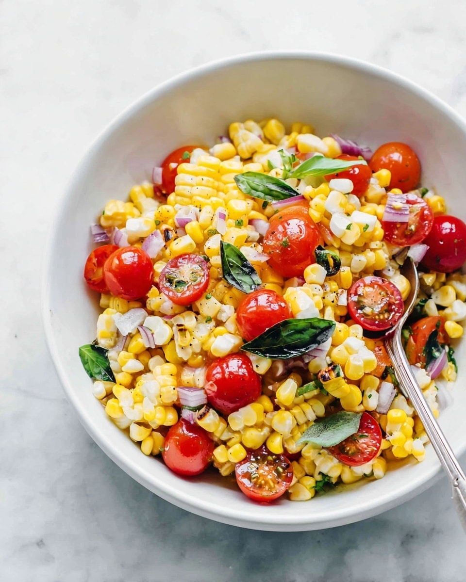 The image shows a white bowl filled with a colorful salad consisting of three main layers: bright yellow grilled corn pieces with slight char marks, vibrant red halved cherry tomatoes, and small white corn kernels. Mixed throughout are small dark green basil leaves and light purple onion slices, adding texture and contrast. The bowl is placed on a white marbled surface, and a silver spoon is partially visible inside the bowl. The overall composition is fresh and vibrant, with a mix of smooth and slightly rough textures from the grilled corn and fresh vegetables. Photo taken with an iphone --ar 4:5 --v 7