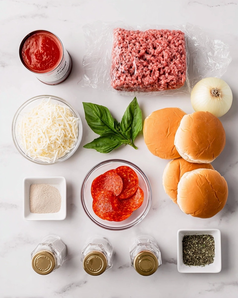 The image shows raw ingredients arranged neatly on a white marbled surface: a clear rectangular block of raw ground meat wrapped in plastic at the top center, four soft golden sandwich buns stacked on the right side, and a whole yellow onion above the buns. Below the meat, there is a small glass bowl filled with bright red pepperoni slices, with two fresh green basil leaves next to it. To the left, a clear round bowl contains shredded white cheese. A small open can of red tomato sauce is above the cheese. At the bottom left, a small white square dish holds a light tan powder, and next to it are clear glass jars with gold lids labeled black pepper ground and salt. On the far right below the buns, another small white square dish holds dried green herbs. Photo taken with an iphone --ar 4:5 --v 7