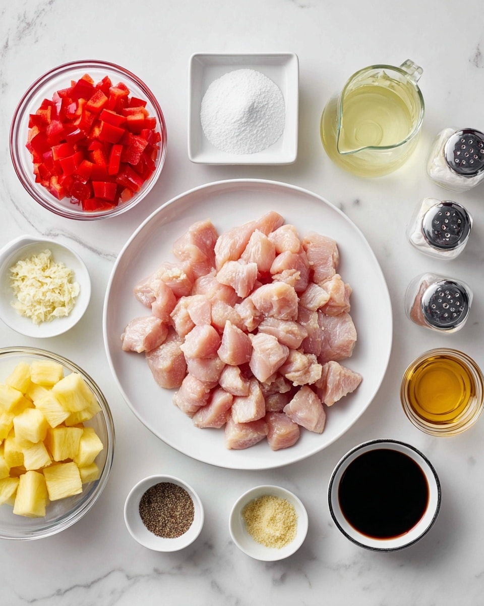 The image shows a white round plate in the center filled with many pieces of raw light pink chicken, roughly cut into chunks. Around the plate are small white dishes and clear glass bowls holding various ingredients: bright red diced bell peppers in one glass bowl, yellow pineapple chunks in another glass bowl, finely chopped garlic and grated ginger in tiny white dishes, a white bowl with white powder (likely cornstarch), a small container with light yellow oil, a glass measuring cup with pale yellow liquid, and small bowls with dark soy sauce and golden honey. There are also small glass bottles of salt and black pepper, all arranged neatly on a white marbled surface. Photo taken with an iphone --ar 4:5 --v 7