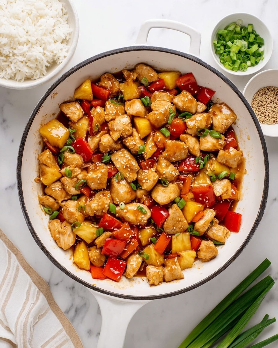 A white pan holds many pieces of cooked chicken that are light brown and shiny with sauce, mixed with bright red bell pepper cubes and yellow pineapple chunks. Small green onion pieces are sprinkled on top, adding a pop of green. The pan is placed on a white marbled surface with a bowl of white rice on the left and small containers of green onions and sesame seeds on the top right. The image shows a clean and fresh food presentation with warm and vibrant colors photo taken with an iphone --ar 4:5 --v 7