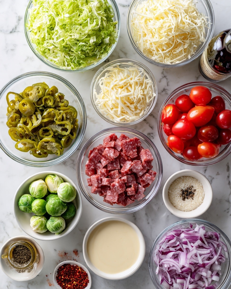The image shows small clear bowls on a white marbled surface filled with various colorful ingredients for a sandwich or salad. From left to right, the first bowl has bright green shredded iceberg lettuce with a smooth texture. Below it is a bowl of round, pale green Brussels sprouts. Next to it is a clear bowl with sliced green pepperoncini, shiny and wet. Toward the center-left is a bowl of finely shredded pale yellow provolone cheese. Above it is a bowl full of deep red, roughly chopped salami pieces with a slightly oily surface. Next to the salami, bright red grape tomatoes with a shiny smooth skin fill another bowl. Just below this is a bowl of finely chopped red onion with vibrant purple and white layers. Below the onions are small dark red crushed red pepper flakes in a pile on the surface. Another bowl near the center has pinkish shredded deli ham with a soft texture. To the right of all these ingredients, several small bowls carry seasoning and sauces: one with smooth pale yellow colored pepperoncini liquid, one with creamy off-white mayonnaise, a reddish liquid labeled red wine vinegar, a bowl of fine garlic powder, Parmesan cheese with a powdered texture, and a bowl with mixed Italian seasoning in muted browns and greens. There is also a small bowl of salt and pepper with coarse grains. Everything is arranged neatly and clearly visible, showing a variety of colors and textures. photo taken with an iphone --ar 4:5 --v 7