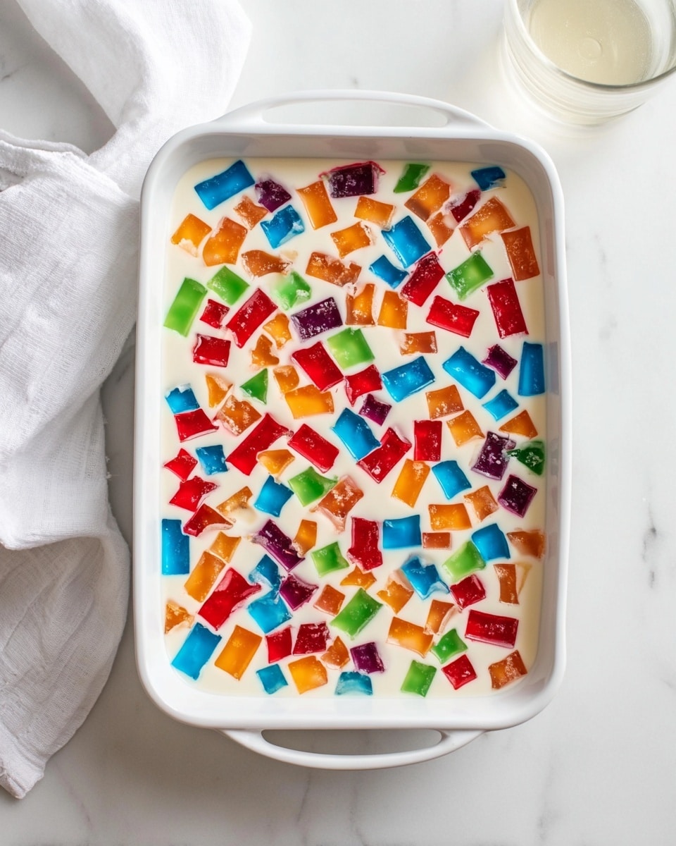 A white rectangular baking dish filled with a creamy white base holding colorful gelatin pieces scattered on top. The gelatin pieces are small squares and rectangles in bright colors including red, orange, green, blue, and purple, evenly spread across the surface, creating a mosaic-like pattern. The dish rests on a white marbled surface, with a part of a white cloth visible to the left and a glass of white liquid on the right edge. The scene is bright and clean, shot from above. photo taken with an iphone --ar 4:5 --v 7