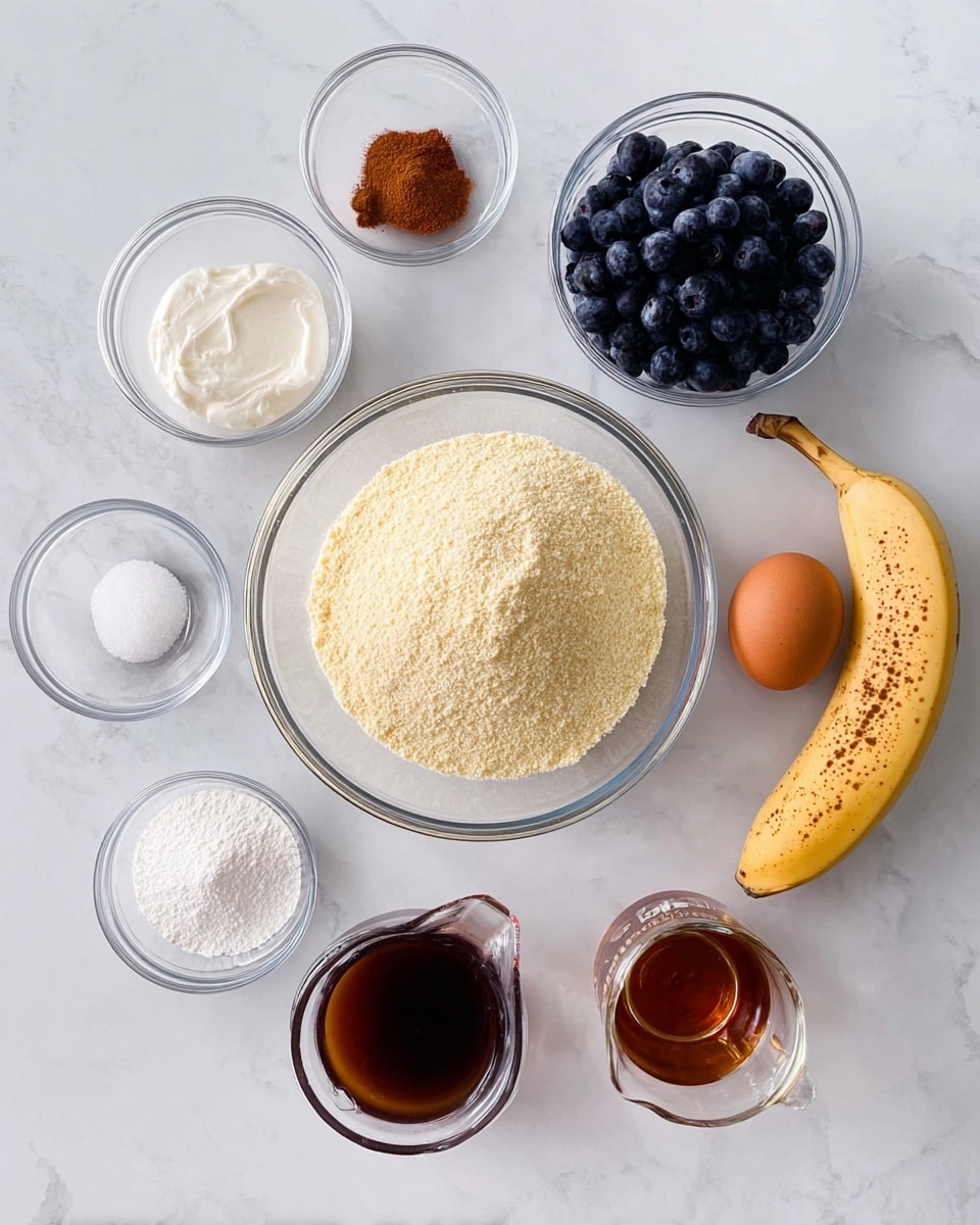 A white marbled surface holds several clear glass bowls and a measuring cup with different ingredients for a recipe. Starting from the center, there is a large clear bowl filled with pale yellow dry mixture. To the upper right, a medium clear bowl is full of dark blue blueberries, and below it, a single brown egg sits beside a ripe banana with dark spots. To the bottom right, a clear measuring cup contains a brown liquid. On the left side, from top to bottom, there are small clear bowls holding white thick cream, light brown vanilla extract, white powder, white granulated sugar, and a small amount of reddish-brown powder, arranged in a scattered but organized way. The whole scene is well-lit and clean with the clear glass containers standing out against the white marbled background. Photo taken with an iphone --ar 4:5 --v 7