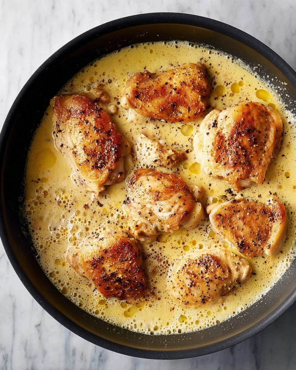 A black pan filled with six large pieces of browned chicken, gently cooking in a creamy yellow sauce that has a smooth and slightly frothy texture. The chicken pieces are golden with visible seasoning of black pepper and a light crust on the surface, evenly spaced in the sauce. The sauce has a rich and silky look, with small pools of melted butter or oil on top. The pan sits on a white marbled surface. photo taken with an iphone --ar 4:5 --v 7