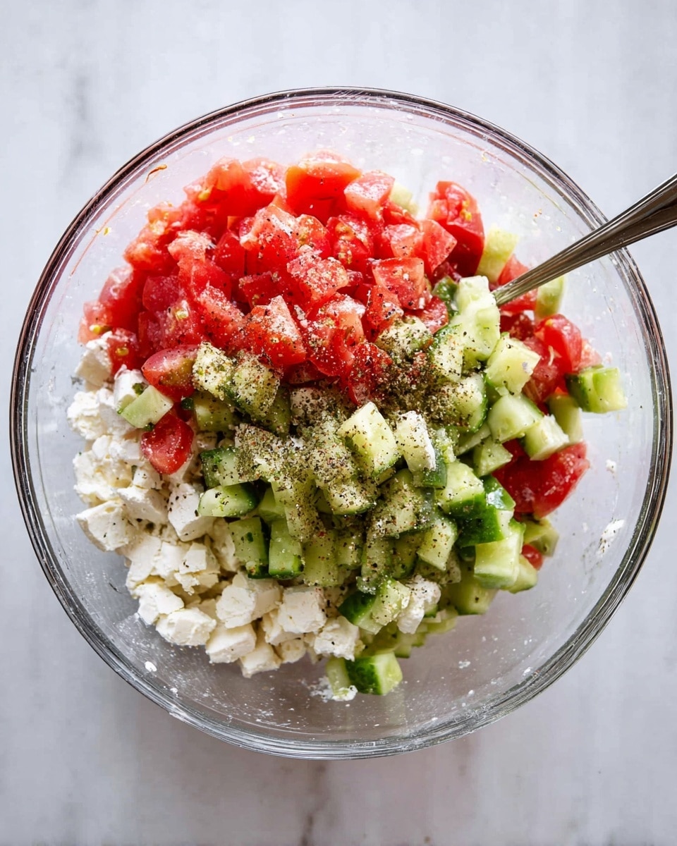 A clear glass bowl sits on a white marbled surface filled with three main layers: a base of small white cheese chunks, a middle layer of bright red diced tomatoes, and a top layer of light green chopped cucumbers, all sprinkled with black pepper. A silver spoon rests inside the bowl, partially mixing the ingredients, with the ingredients looking fresh and colorful. Photo taken with an iphone --ar 4:5 --v 7