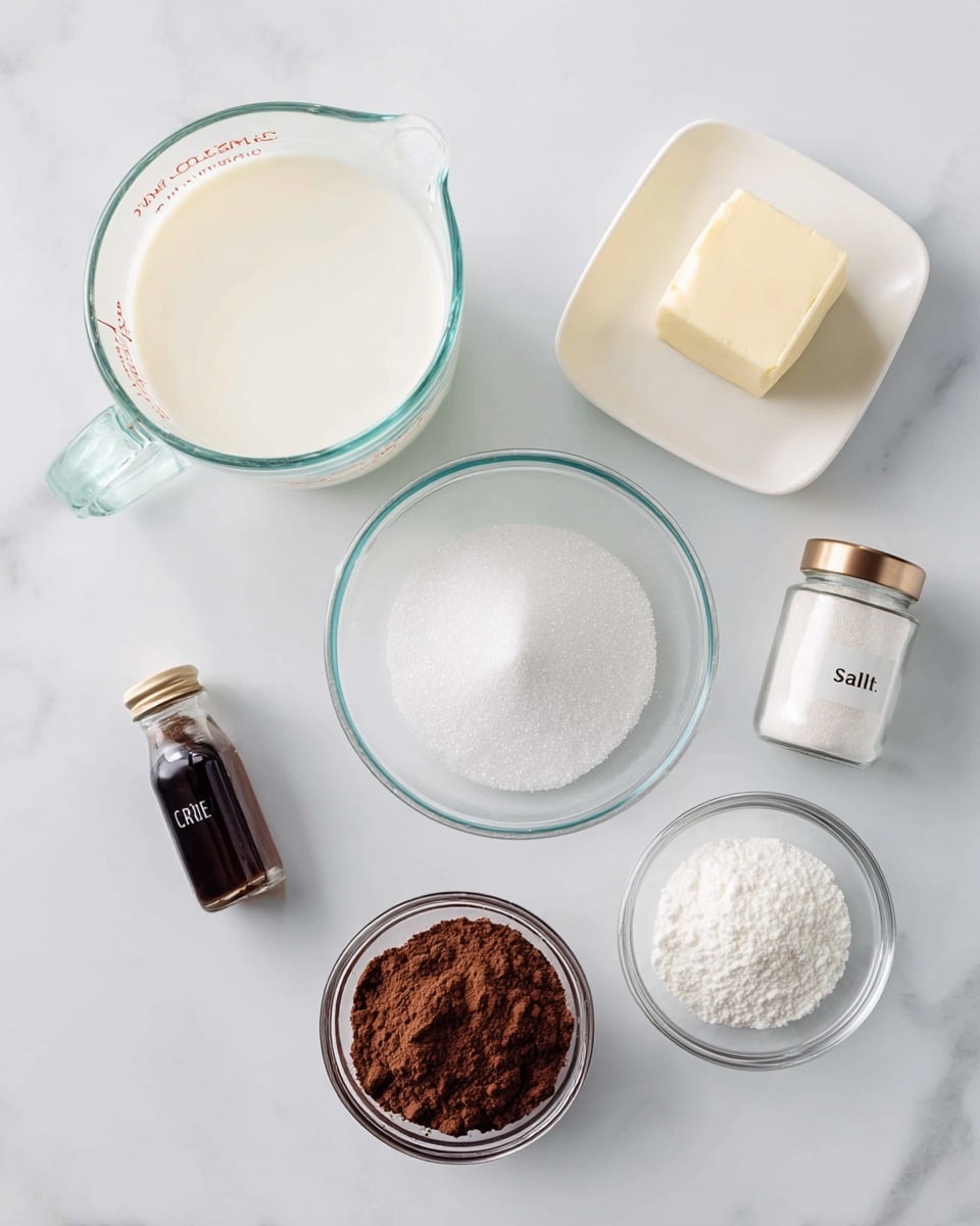 Seven clear glass containers with different ingredients are placed on a white marbled surface. In the bottom left is a glass measuring cup filled with white milk. Above it is a small white square dish holding a pale yellow solid piece of butter. To the right of the butter is a clear round bowl filled with white granulated sugar. Below the sugar, near the center, is a small glass bottle with dark vanilla extract inside. To its right is a small glass jar with a gold lid labeled