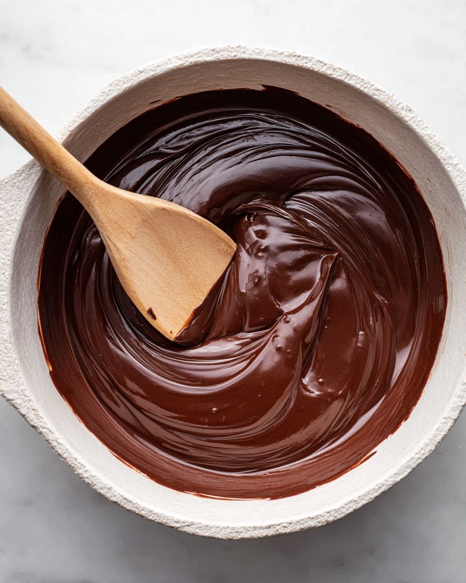 A top view of a pot filled with smooth, shiny dark brown chocolate mixture being stirred by a wooden spoon with a light natural wood texture, the chocolate has thick, creamy swirls and reflects light softly. The pot is white with a rough texture on the rim, and it sits on a white marbled surface. The wooden spoon is positioned diagonally from the bottom left corner towards the center of the pot where the chocolate is concentrated. photo taken with an iphone --ar 4:5 --v 7
