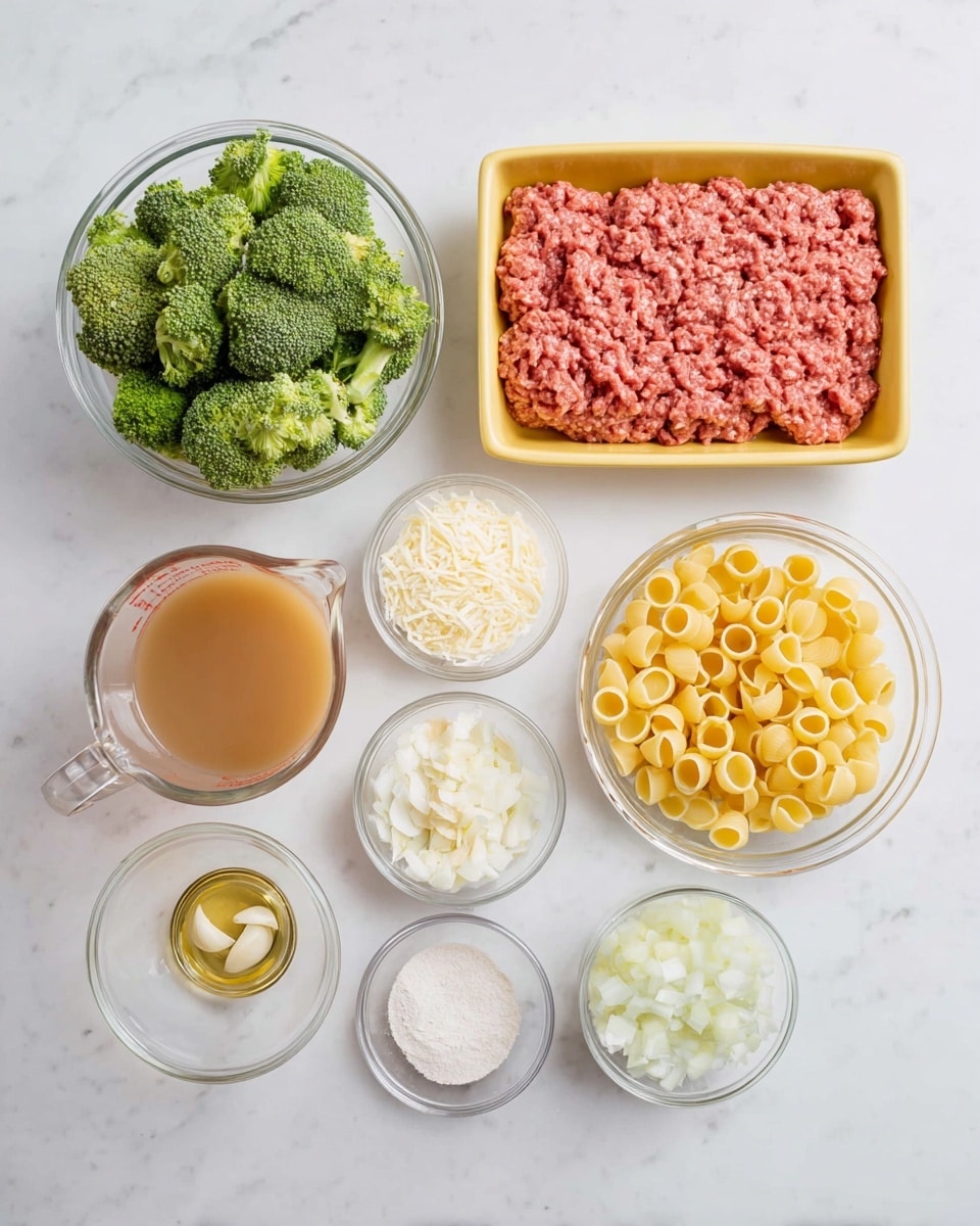 A top view of several ingredients arranged on a white marbled surface: at the top center, a yellow tray filled with raw ground meat with a pinkish-red color; to its left, a clear round bowl full of bright green broccoli florets, and to its right, a clear round bowl with small yellow pasta shells. Below the meat tray and centered is a small clear bowl filled with finely grated white cheese. To the left of the cheese is a clear glass measuring cup with light brown broth, and below that, a smaller clear bowl with minced garlic. To the right of the cheese, there are two small glass containers with light gold lids labeled salt and Italian seasoning, and a clear bowl full of chopped white onions. Below the broth cup, is another clear measuring cup filled with a white powder, likely a thickening agent. All ingredients are neatly spaced and visually contrasting in color and texture. Photo taken with an iphone --ar 4:5 --v 7