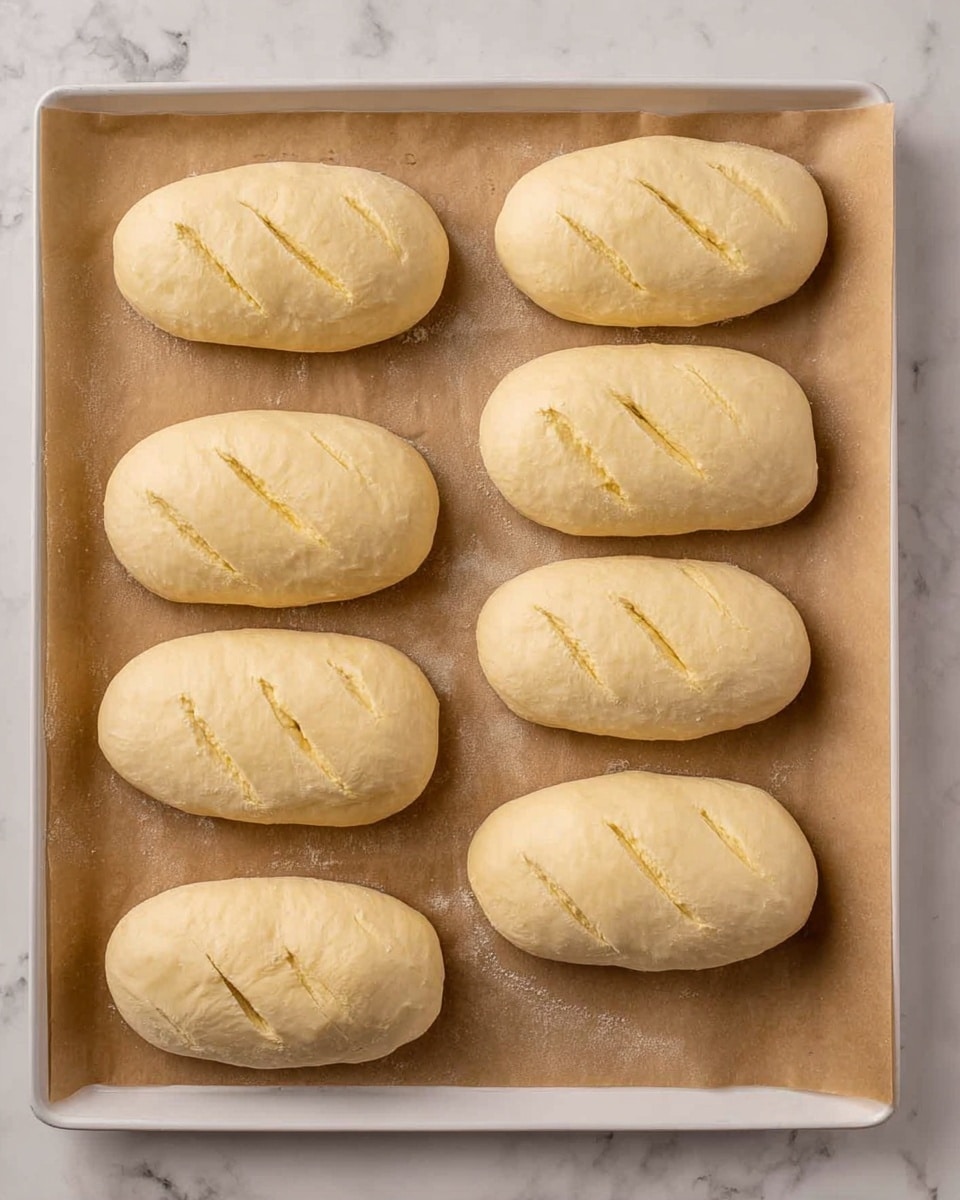 The image shows eight pieces of uncooked bread dough shaped like small oval loaves, all evenly spaced on a white baking tray lined with light brown parchment paper. Each dough piece has three small shallow slits on top, displaying a slightly lighter texture under the smooth pale yellow surface. The dough looks soft and puffed up, ready for baking. The background is a white marbled surface. Photo taken with an iphone --ar 4:5 --v 7