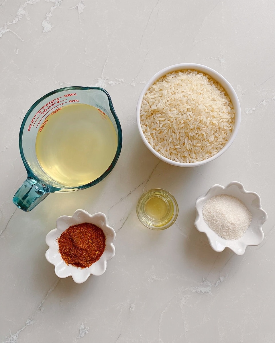 A clear glass measuring cup with a greenish tint filled halfway with light yellow liquid sits on the left, next to a white measuring cup full of uncooked long grain rice. To the right, two small white flower-shaped bowls hold finely ground white salt and reddish-brown powder, with a small clear glass containing light yellow liquid beside them. All items rest on a surface with a white marbled texture. photo taken with an iphone --ar 4:5 --v 7
