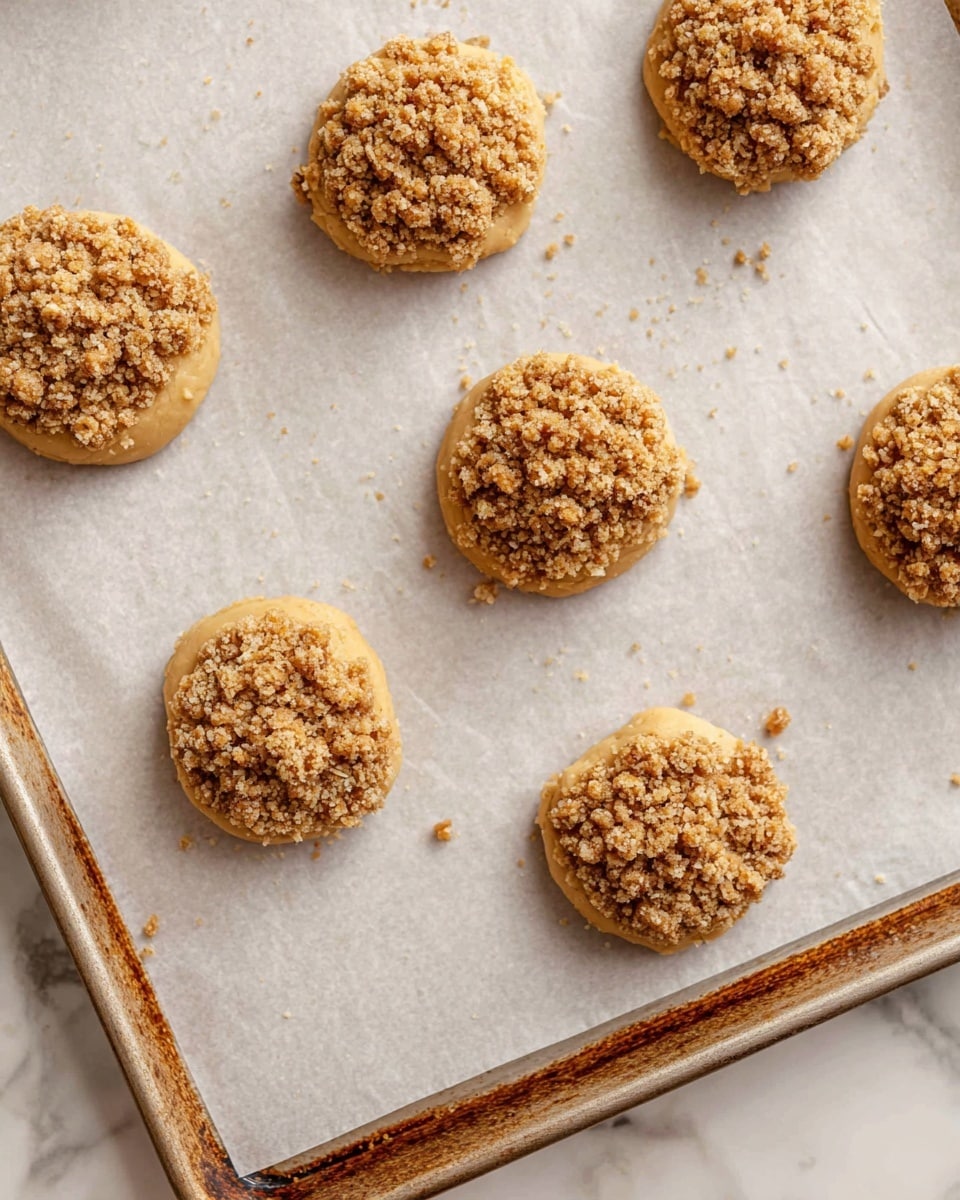 The image shows six round dough pieces spaced out on white parchment paper on a baking tray. Each dough piece has two layers: a smooth, light golden dough base and a crumbly topping made of oats and small brown sugar clusters, giving a textured appearance. The crumbly layer is thick enough to cover the dough base completely, with some small crumbs scattered around on the parchment paper. The tray has a slightly worn metallic edge, and the background is a white marbled texture. photo taken with an iphone --ar 4:5 --v 7