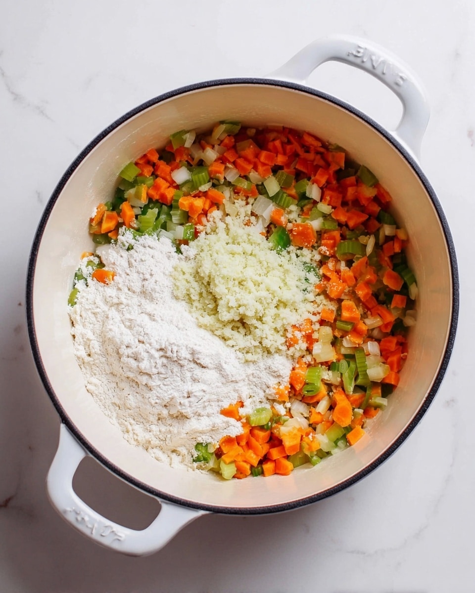 A white pot with two handles sits on a white marbled surface, filled with three layers of ingredients: small diced orange carrots and green celery mixed with translucent diced onions spread all around the pot, a pile of white flour on one side covering part of the vegetables, and a small heap of finely chopped white garlic near the center. The pot's inner surface is white with a black rim around the top edge. photo taken with an iphone --ar 4:5 --v 7