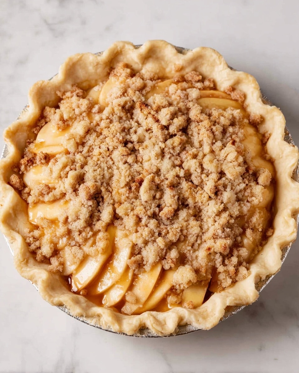 A round apple pie sitting on a white marbled surface with a crimped edge crust that is light golden and slightly thick. Inside the crust, there are thin slices of light brown apple arranged in a layered circular pattern. On top of the apples, there is a crumbly topping made of small clumps that are golden beige with a slightly rough texture, spread evenly to cover the whole surface. The pie appears ready for baking or just out of the oven, showing a mix of soft apple slices and crunchy topping. Photo taken with an iphone --ar 4:5 --v 7